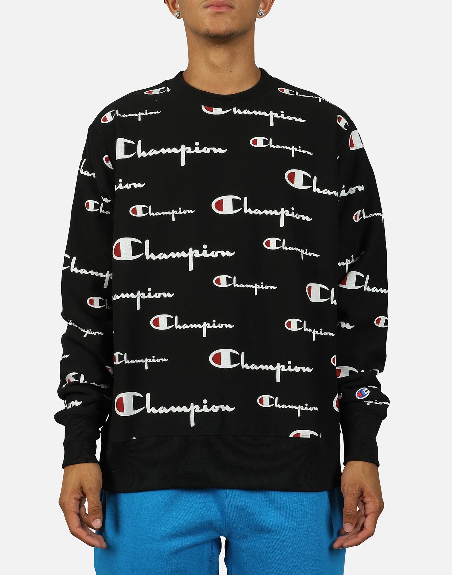 Champion Men's All Over Script Logo Reverse Weave Crew