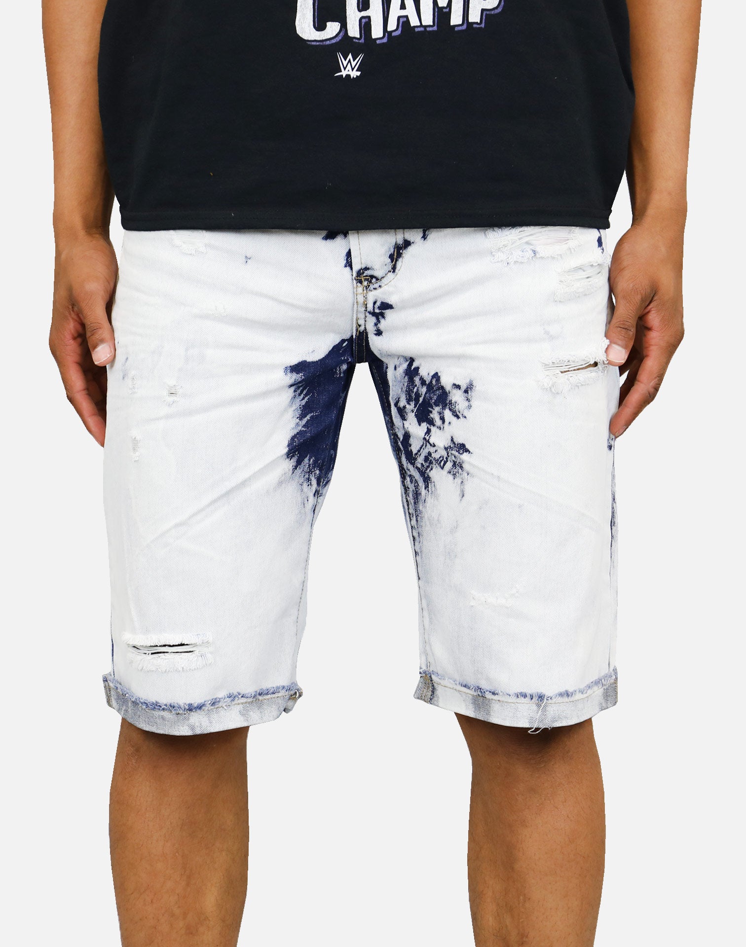 Denim House Bleached Rip Denim Shorts (Light Blue)