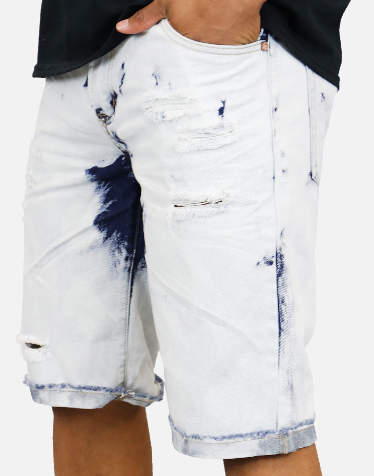 Denim House Bleached Rip Denim Shorts (Light Blue)
