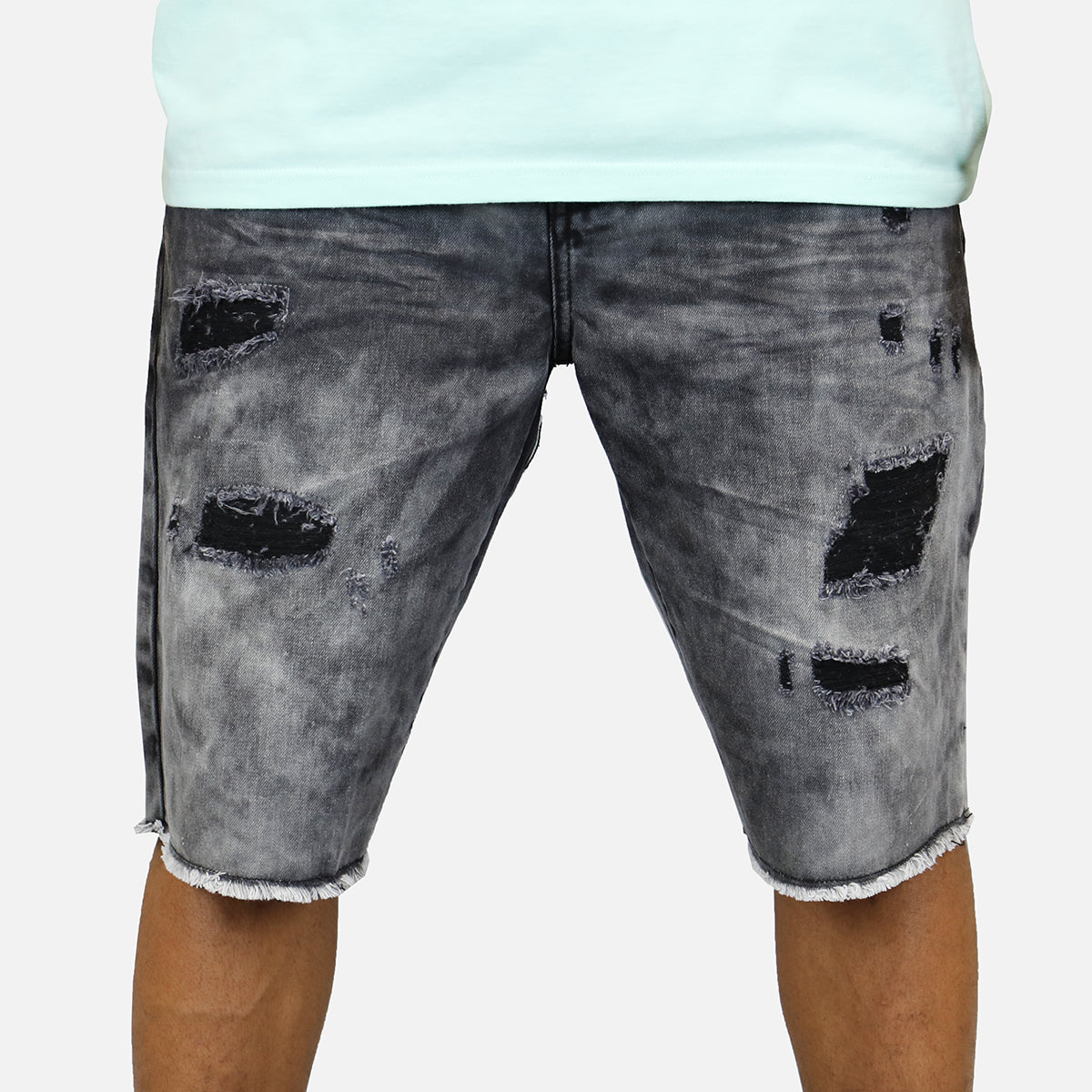 Denim House Acid Wash Rip Denim Shorts (Black)
