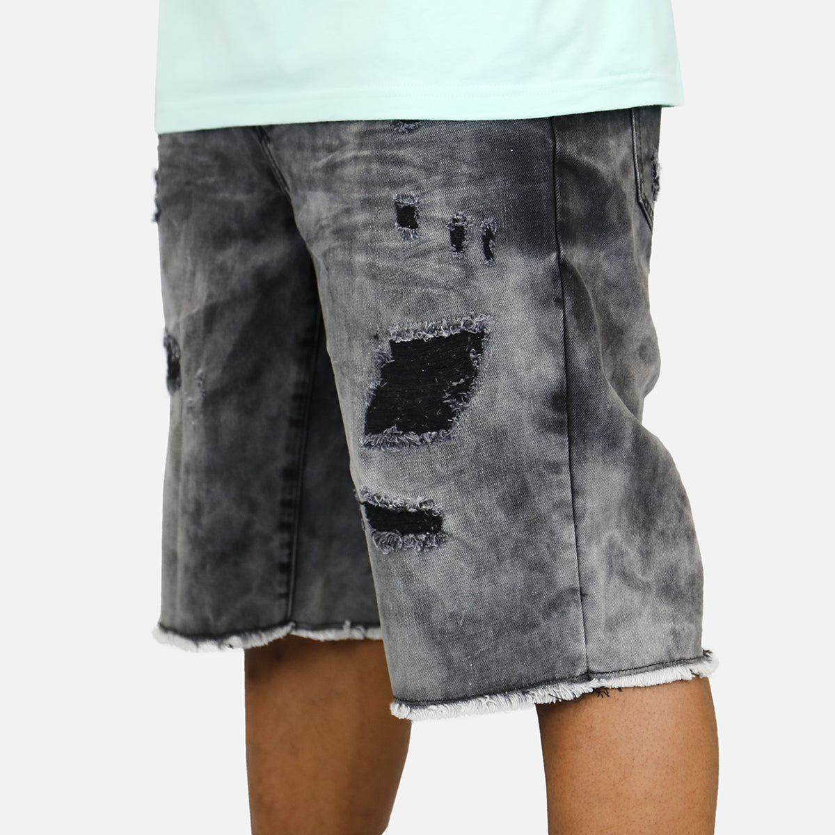 Denim House Acid Wash Rip Denim Shorts (Black)