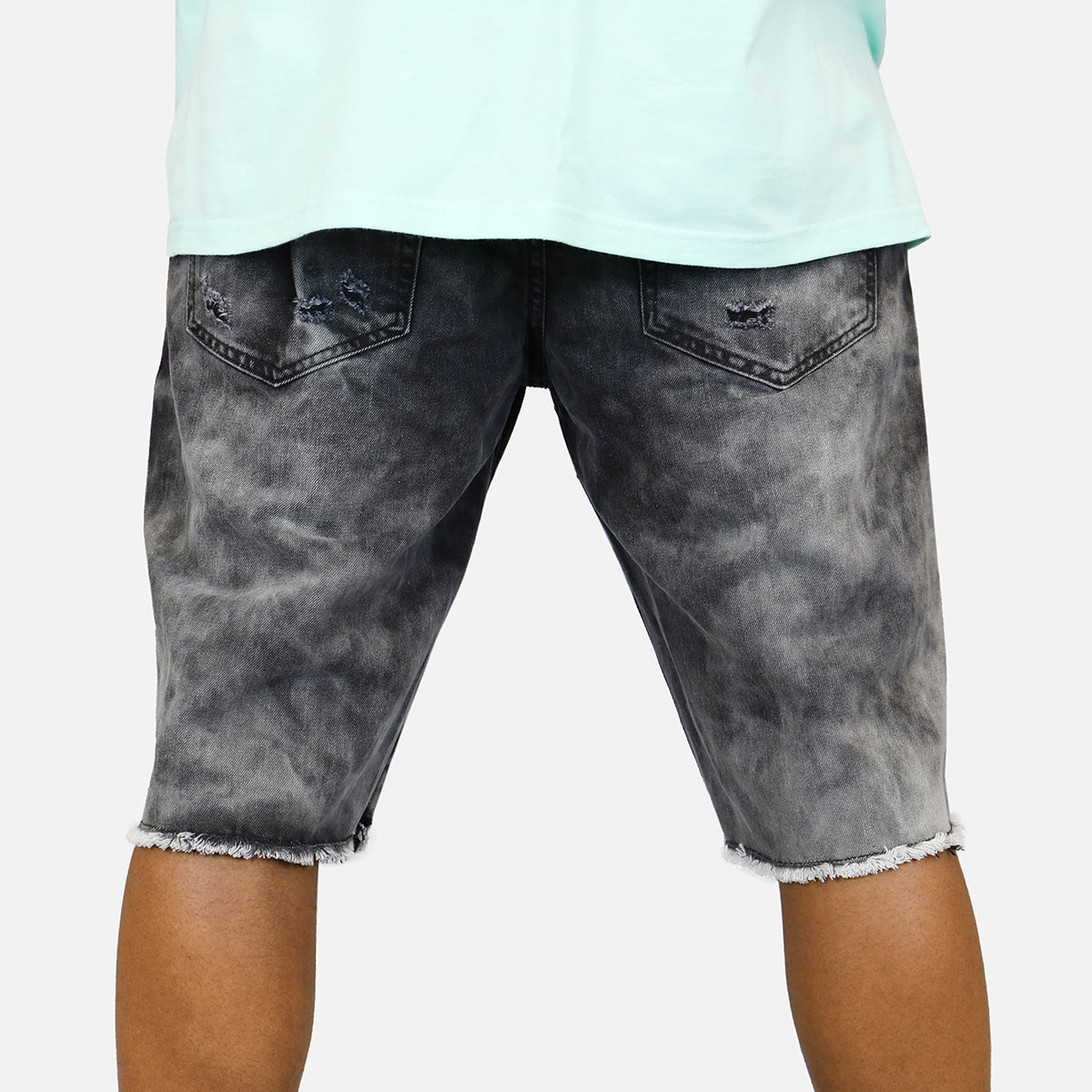 Denim House Acid Wash Rip Denim Shorts (Black)