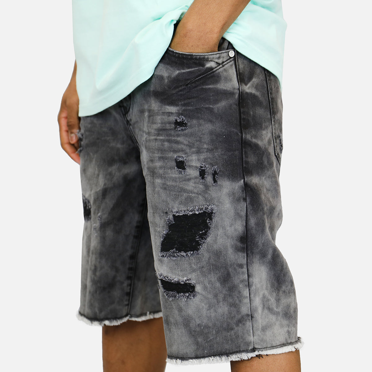 Denim House Acid Wash Rip Denim Shorts (Black)