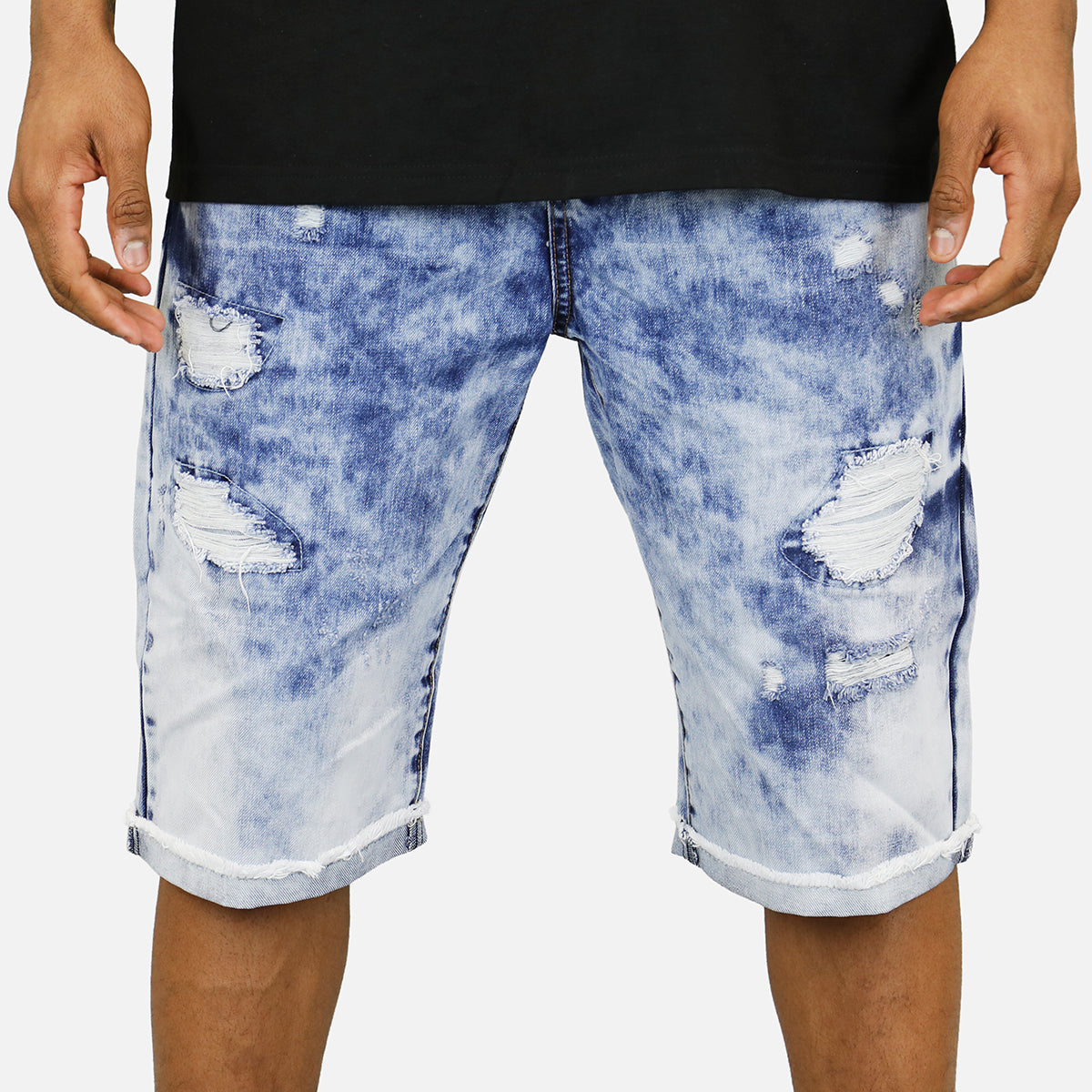 Denim House Acid Wash Rip Denim Shorts (Blue)