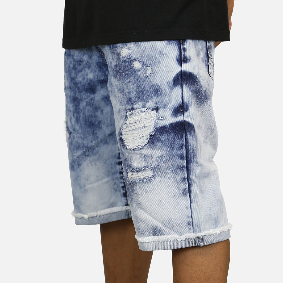 Denim House Acid Wash Rip Denim Shorts (Blue)