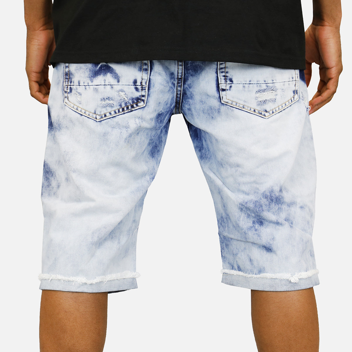 Denim House Acid Wash Rip Denim Shorts (Blue)