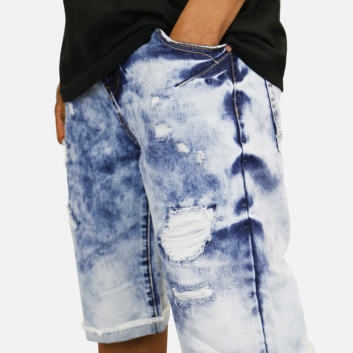 Denim House Acid Wash Rip Denim Shorts (Blue)
